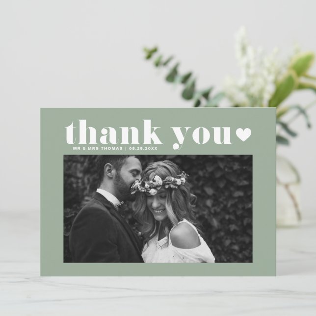 Sage Green Retro Bold Typografy Foto Wedding Dankeskarte (Stehend Vorderseite)