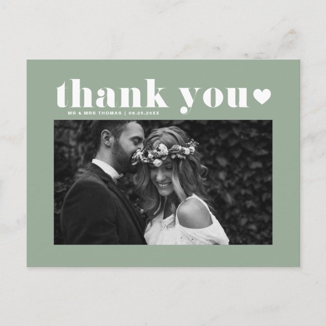 Sage Green Retro Bold Typografy Wedding Danke Postkarte (Vorderseite)