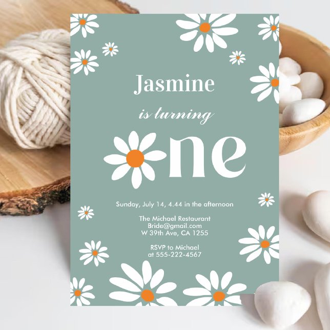 Sage Green Retro Groovy Daisy Florals 1. Geburtsta Einladung (Sage Green Retro Groovy Daisy Florals 1st Birthday Invitation)