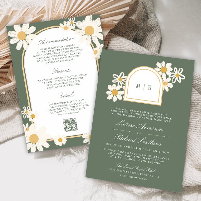 Sage Green Retro Yellow Daisy All in One Wedding Einladung (Von Creator hochgeladen)