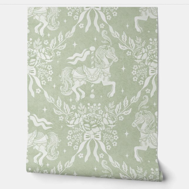 Sage Green Rococo Carousel Horses and Florals Tapete (Abrollen)