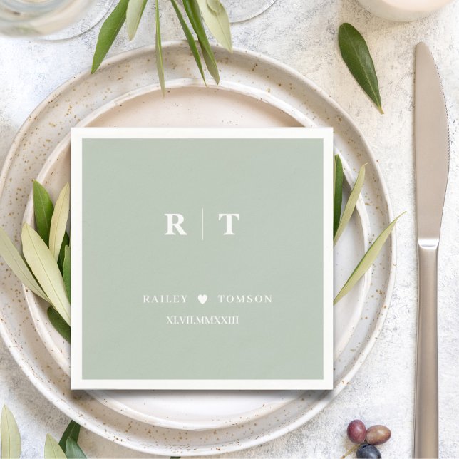 Sage Green Roman Numerals Minimalistisch Monogram Serviette (Von Creator hochgeladen)