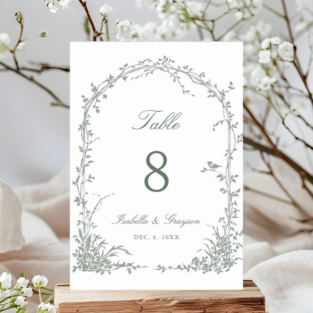 Sage Green Romantic Botanical Arch Garden Wedding Tischnummer (Von Creator hochgeladen)