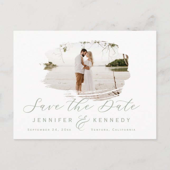 Sage Green Romantic Brushed Frame Save The Date Postkarte (Vorderseite)
