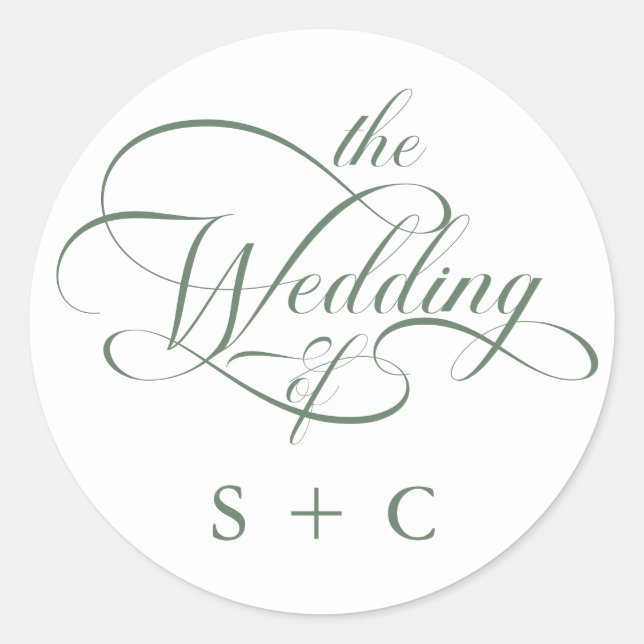 Sage Green Romantic Classy Calligraphy Wedding Runder Aufkleber (Vorderseite)