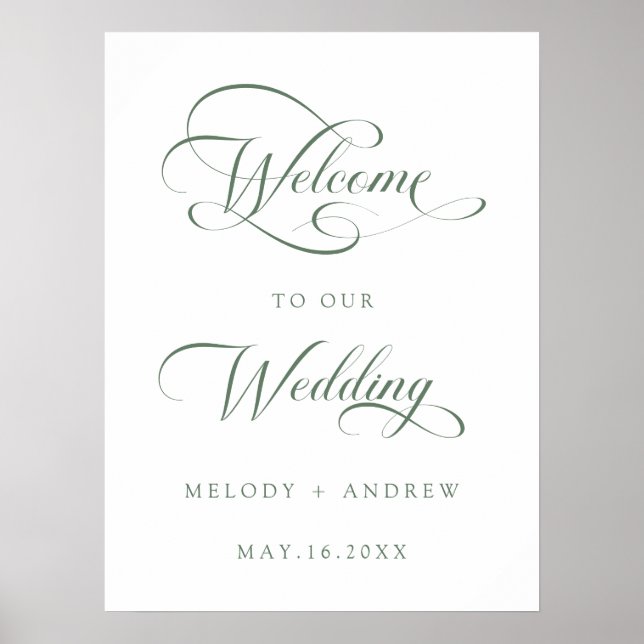 Sage Green Romantic Script Wedding Willkommenszeic Poster (Vorne)