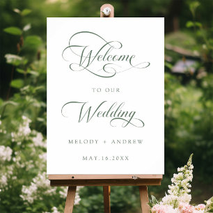 Sage Green Romantic Wirbel Script Wedding Willkomm Poster
