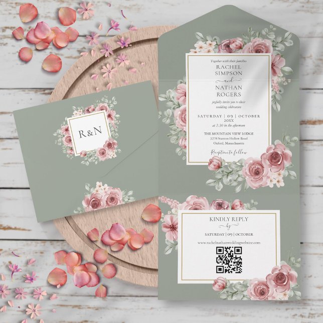 Sage Green Rose Floral QR Code Hochzeit All In One Einladung (Sage Green Roses Floral QR Code Wedding All In One Invitation)