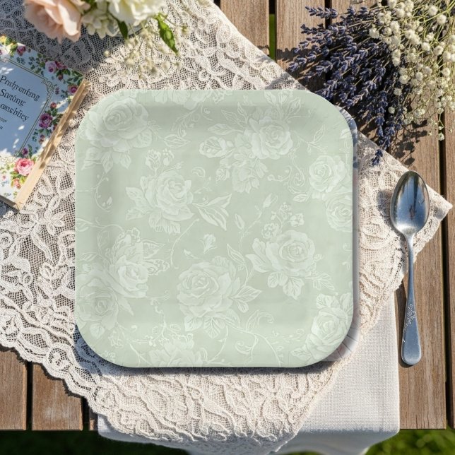 Sage Green Rose Garden Party Pappteller (Sage Green Rose Garden Party Paper Plates)