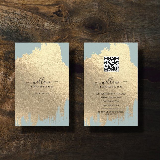 Sage Green Rose Gold Foil Pinselstriche QR Code Visitenkarte (Sage Green Rose Gold Foil Brush Stroke QR Code Business Card)