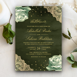 Sage Green Rose Gold Lace QR Code Muslime Hochzeit Einladung