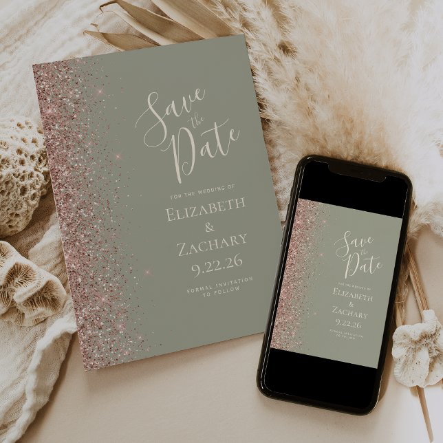 Sage Green Rose Gold Save the Date Ankündigung (Von Creator hochgeladen)