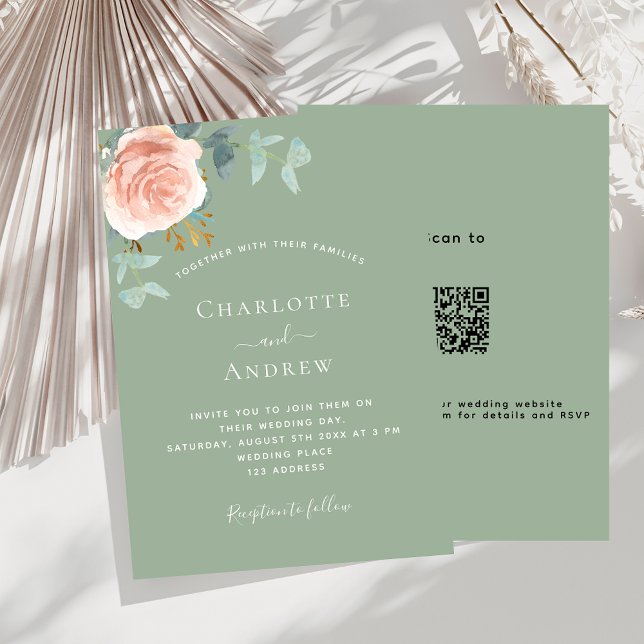 Sage green Rose Goldrot QR UAWG Details Hochzeit Einladung (Von Creator hochgeladen)