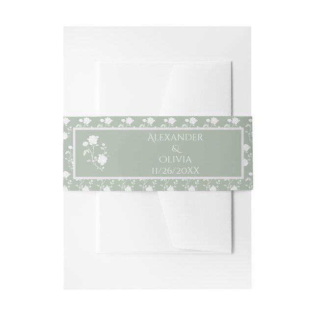 Sage Green Rose Wedding Einladung Bauchband Einladungsbanderole (Vorderseite Beispiel)