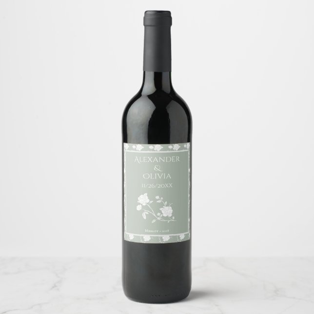 Sage Green Rose Wedding Wine Label Weinetikett (Vorderseite)