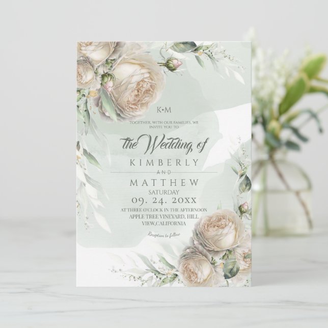 Sage Green Roses Greenery Wedding Einladung (Stehend Vorderseite)