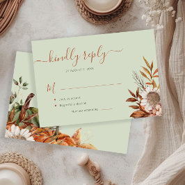 Sage green rust foliage boho floral wedding RSVP karte