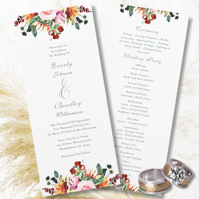 Sage Green Rust Yellow Orange Floral Wedding Programm (Von Creator hochgeladen)