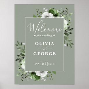 Sage Green Rustic Boho Floral Wedding Willkommensz Poster