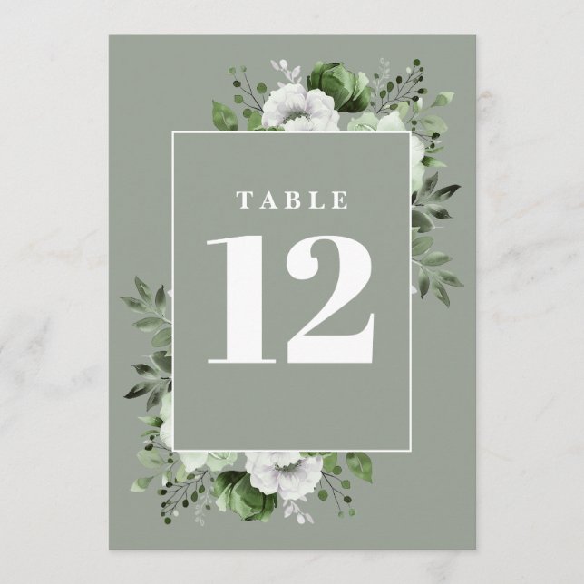 Sage Green Rustic Country Floral Tischnummer (Vorderseite)