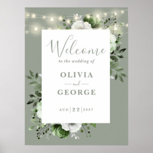 Sage Green Rustic Floral Wedding Willkommenszeiche Poster