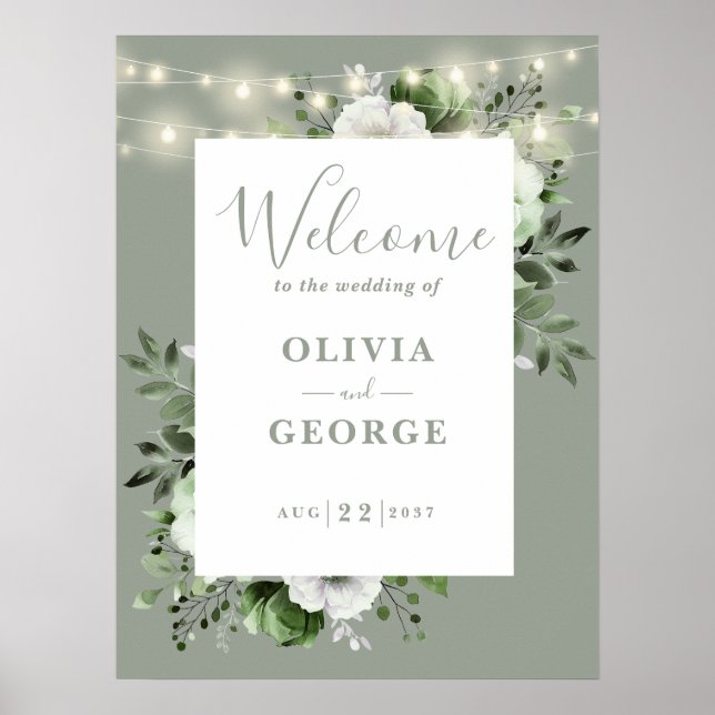 Sage Green Rustic Floral Wedding Willkommenszeiche Poster (Vorne)