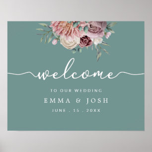 Sage Green Rustic Pink Floral Wedding Welcome Sign Poster