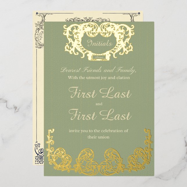 Sage Green Rustic Royal Wedding Foil Einladung (Vorderseite/Rückseite)