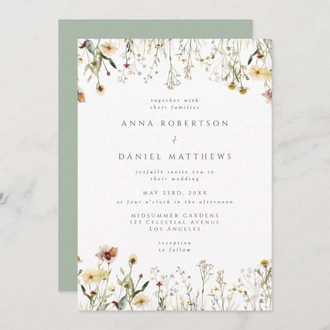 Sage Green Rustic Wildflower Wedding Invitation Einladung (Vorne/Hinten)