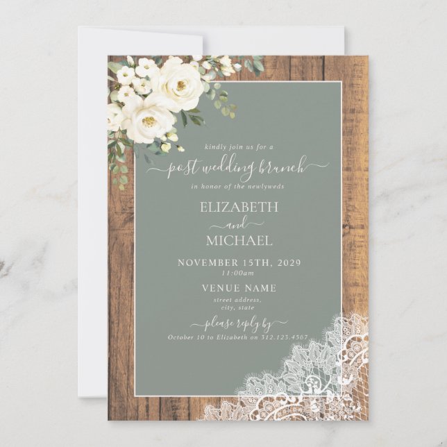 Sage Green Rustic Wood Script Post Hochzeit Brunch Einladung (Vorderseite)