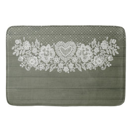 Sage Green Rustic Wood & White Lace Lacy Bauernhof Badematte