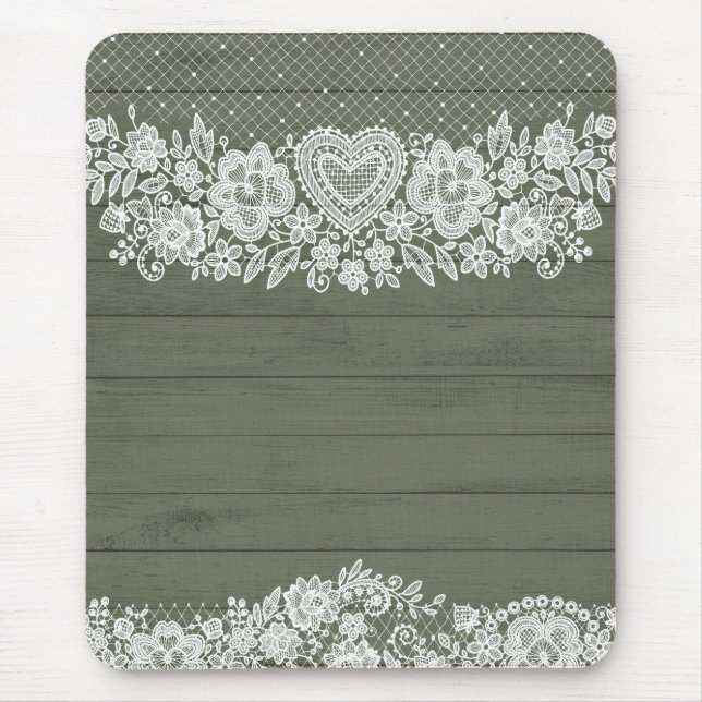 Sage Green Rustic Wood & White Lace Lacy Bauernhof Mousepad (Vorne)