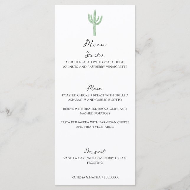 Sage Green Saguaro Cactus Vertical Wedding Menu Menükarte (Vorderseite)