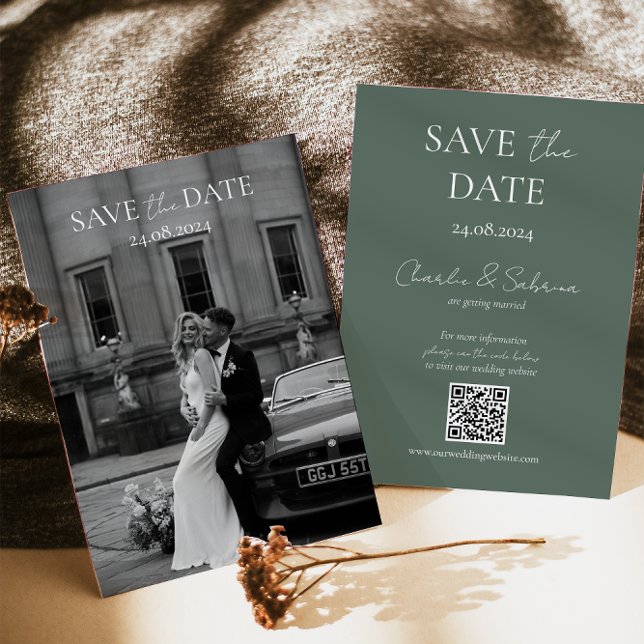 Sage Green Save the Date Card mit QR Code für Hoch (Von Creator hochgeladen)