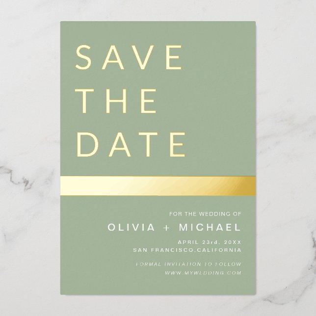 Sage Green Save the Date Elegante Gold Folieneinladung (Vorderseite)