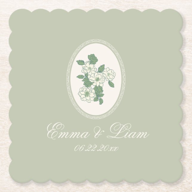 Sage Green Scalloped Wedding Paper Coasters Untersetzer (Vorderseite)