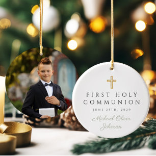 Sage Green Script Boy First Communion Foto Keramik Ornament