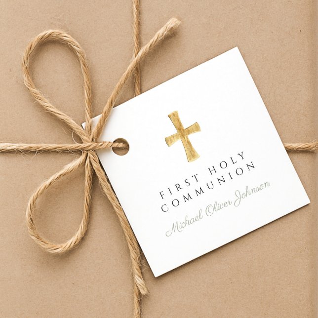 Sage Green Script Cross Boy Erste Kommune Geschenkanhänger (Sage Green Script Cross Boy First Communion Favor Tags)