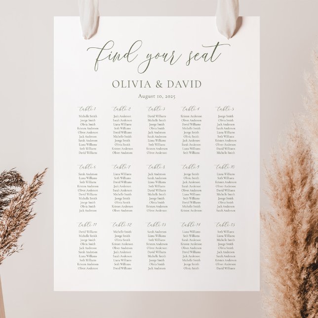 Sage Green Script Elegant 15 Tabelle Seating Chart Poster (Von Creator hochgeladen)
