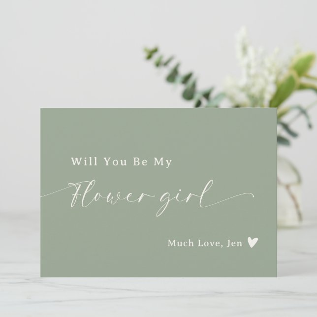 Sage Green Script Flower Girl Vorschlag Card Einladung (Stehend Vorderseite)