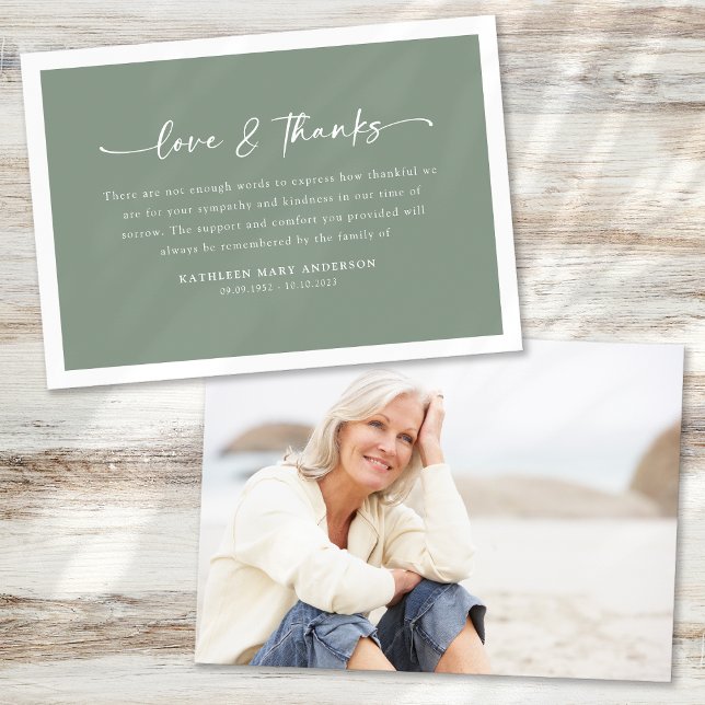 Sage Green Script Foto Beerdigung Dankeskarte (Von Creator hochgeladen)