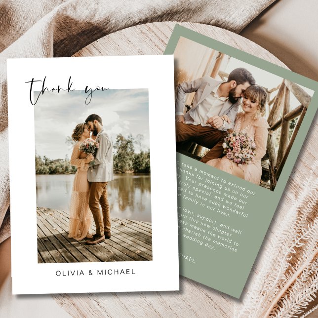 Sage Green Script Foto Hochzeit Danke Karte (Von Creator hochgeladen)