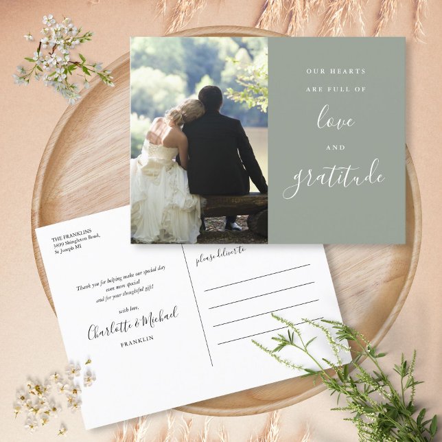 Sage Green Script Foto Hochzeit Vielen Dank Postkarte (Sage Green Script Photo Wedding Thank You Postcard)
