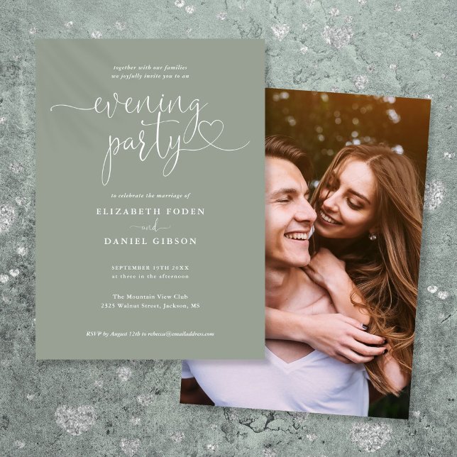 Sage Green Script Foto Wedding Abend Party Einladung (Sage Green Script Photo Wedding Evening Party Invitation)