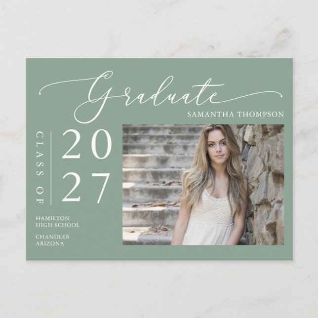 Sage Green Script Graduate Announcement Foto Postkarte (Vorderseite)