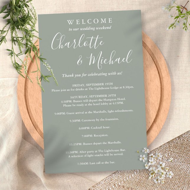 Sage Green Script Guest Wedding Weekend Program (Von Creator hochgeladen)