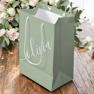 Sage Green Script Minimalistisch Monogram Elegant Mittlere Geschenktüte