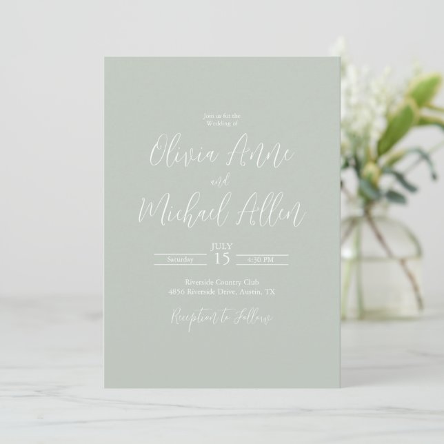 Sage Green Script Moderne Hochzeitseinladung Einladung (Stehend Vorderseite)