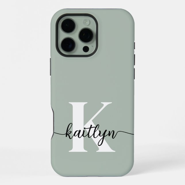 Sage Green Script Monogram iPhone Hülle (Rückseite)