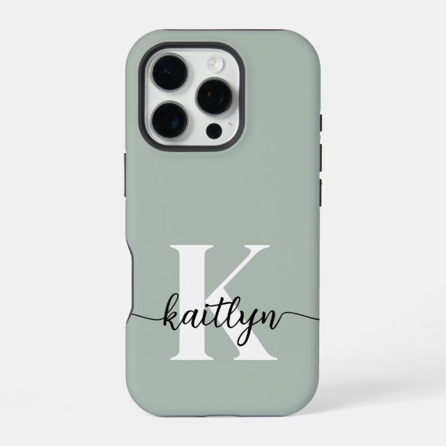 Sage Green Script Monogram iPhone Hülle (Rückseite)